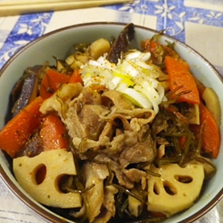 昆布豚蓮根の麺つゆ炒め煮